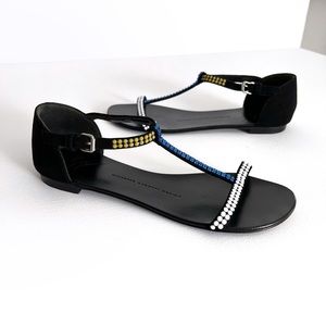 Giuseppe Zanotti Crystal Embellished T-Strap Flat Sandals Size 7.5